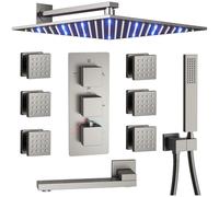 Shower System Head Full Body Rain Thermostatic with Tub Spout Brushed Gold Faucet Set 4 Way Bathtub Set with Wall Mounted LED 12" and Handle Set 6 pcs Body Jets LWX