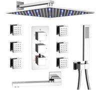 Shower System Head Full Body Rain Thermostatic with Tub Spout Brushed Gold Faucet Set 4 Way Bathtub Set with Wall Mounted LED 12" and Handle Set 6 pcs Body Jets LWX