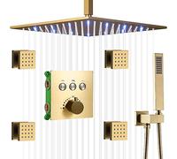 Shower System Head Oil Rubbed Bronze 12 Inch LED Thermostatic with 4 PCS Body Spray Jets Ceiling Mounted Faucet Sets Full Body All s Can Run Togethe LWX