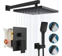 Shower System Head Rain Matte Black Bathroom Faucet Sets Wall Mount with Pressure Balance Rough-in Valve ABS Handheld and 10 inch Rain 2 Way Faucet Trim Kit LWX