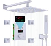 Shower System Head Temperature Display Thermostatic 12 Inch LED Wall Mount with Handheld and 4 Body Jets Full Body Faucet Chrome Rainfall Combo Set LWX
