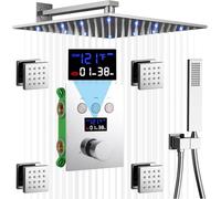 Shower System Head Temperature Display Thermostatic 12 Inch LED Wall Mount with Handheld and 4 Body Jets Full Body Faucet Chrome Rainfall Combo Set LWX