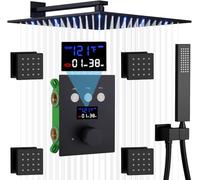 Shower System Head Temperature Display Thermostatic 12 Inch LED Wall Mount with Handheld and 4 Body Jets Full Body Faucet Chrome Rainfall Combo Set LWX