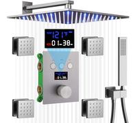 Shower System Head Temperature Display Thermostatic 12 Inch LED Wall Mount with Handheld and 4 Body Jets Full Body Faucet Chrome Rainfall Combo Set LWX