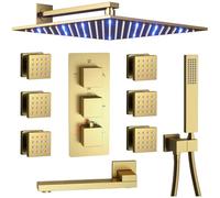 Shower System Head Thermostatic Chrome Faucet Set 4 Way Bathtub with 12 inch LED,6 PCS Body Jets,Tub Spout,Handheld LWX
