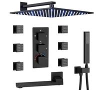 Shower System Head Thermostatic Chrome Faucet Set 4 Way Bathtub with 12 inch LED,6 PCS Body Jets,Tub Spout,Handheld LWX