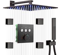 Shower System Head Thermostatic Wall Mounted Rain LED 12" Rainfall and Handheld Combo Set with 4 PCS Body Spray Jets in Oil Rubbed Bronze LWX
