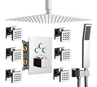 Shower System Head WH 16'' Ceiling Mounted Rain 3 Function Combo Set with 6 PCS Shut-Off Body Spray Jets Can Use All Functions at A Time Chrome LWX