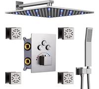 Shower System Head WH Full Body Brushed Nickel 12 Inch LED Thermostatic Bathroom Rain Push Button Faucet Set Complete with Handheld and Body Jet Spray Can Use All Functions LWX