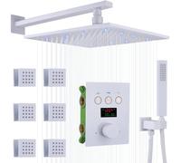 Shower System Head White Full Body Wall Mounted Digital Temperature Display Rain Faucet Set Thermostatic LED 12 Inch Rainfall Can Use All Functions at The Same LWX