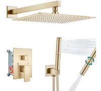 Shower System Head with Rain and Handwall Bracket High Pressure Faucet Set with 2 in 1 Handheld and Rough Valve 16 Inch Brushed Gold