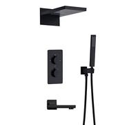 Shower System, Intelligent Constant Temperature Black Brass Concealed Shower Set into The Wall Type Booster Nozzle Waterfall Shower with Handheld Shower, Luxury Shower Set,A