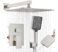 Shower System Modern Rain 12 inches Brass Shower Faucet Set with Valve and Diverter Shower Mixer with Handheld High Pressure Square Rainfall Shower Rough-in Valve (12‘’, Brushed Nickel)