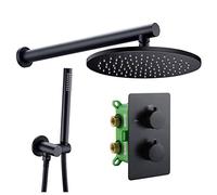 Shower System Solid Brass Valve Concealed Thermostat Trim with Two-Way Volume Control Kit Matt Black Thermostatic Rain Shower Faucet Set, 12inch