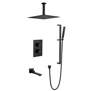 Shower System Thermostatic Black Concealed Bathroom Rain Mixer Shower Set with 10-12 Inch Square Rainfall Shower Head and Tub Taps and Slide Bar Ceiling Mounted Luxury Sh（12 Inch）
