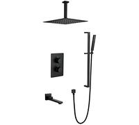 Shower System Thermostatic Black Concealed Bathroom Rain Mixer Shower Set with 10-12 Inch Square Rainfall Shower Head and Tub Taps and Slide Bar Ceiling Mounted Luxury Sh