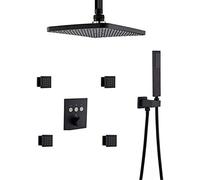 Shower System, Thermostatic Ceiling Brass Shower Faucet System Rectangular 12 x 8 Inch with Body Jet Set Shower Head Can Use Together at The Same Time, Matte Black Shower Set