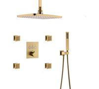 Shower System, Thermostatic Ceiling Shower Faucet System Rectangular 12 x 8 Inch with Body Jet Set Shower Head Can Use Together at The Same Time, Brushed Gold Shower Set