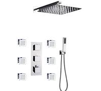 Shower System Thermostatic Concealed Shower Combo Set Finish Shower Mixer Taps Set with 6 Body Sprays with Brass Hand Shower and Waterfall Rainfall Shower Head,A-8 Inch