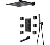 Shower System Thermostatic Concealed Shower Faucet Set Wall Mounted Matte Black Anti Scald Shower Combo Set with 6 Body Sprays with Hand Shower and Waterfall Rainfall Shower Head,1