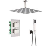 Shower System Thermostatic, Shower Faucet Set Brushed Nickel Rain Shower Combo Set 2 Functions Tub and Shower Trim Kit with Handheld Sprayer and Ceiling Mount Rain Shower Head,12 i