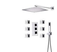 Shower system Thermostatic Shower Faucets Set Ultrathin Rain Shower Head 6pcs Massage SPA Jets 3-way Thermostatic Mixer Bath Shower,Wall Mount 16 inch