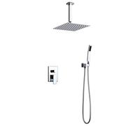 Shower System,Wall Mounted 10" Ultrathin Square Ceiling Mount Rainfall Shower Head, Hand Held Shower Pressure Balance Valve And Trim Dual Function, Chrome Shower Set