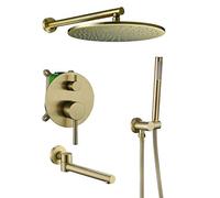 Shower System, Wall Mounted Brass Brushed Gold Bathroom Rain Mixer Shower Taps Set with 8-12" Brass Round Rainfall Shower Head and Handheld Shower and Tub Taps, Luxury Sh
