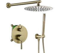 Shower System, Wall Mounted Brushed Gold Bathroom Rain Mixer Shower Taps Set with 8-12" Stainless Steel Round Rainfall Shower Head and Handheld Shower, Luxury Shower Set,12 inch