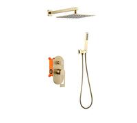 Shower System, Wall Mounted Brushed Gold Brass Shower Taps Set with 8-12" Brass Square Rainfall Shower Head and Handheld Shower, Luxury Shower Set,10 inch