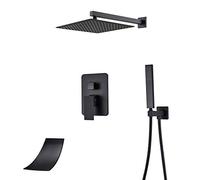 Shower System Wall Mounted Concealed Shower Faucet Set Multifunction Matte Black Shower Combo Set With Shower Head, Handheld Shower, Waterfall Tub Spout,10 Inch