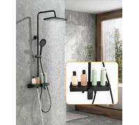 Shower System Without Thermostatic,Mixer Shower Set with 35×14cm Glass Shelving Unit,Rainfall Shower Head,3 Modes Handheld Showerhead,Bottom Outlet,Height-Adjustable Stainless Steel Shower Set (Black)