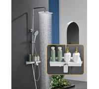 Shower System Without Thermostatic,Mixer Shower Set with 35×14cm Glass Shelving Unit,Rainfall Shower Head,3 Modes Handheld Showerhead,Bottom Outlet,Height-Adjustable Stainless Steel Shower Set (Chrom)