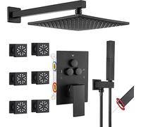 Shower Systems Brass Wall Mount Push Button Diverter Shower with 2 in 1 Handheld Luxury Shower Set 10 Inch Rain Shower Head with 6 PCS Two Modes Body Jets, Luxury Shower Set,Matte Black