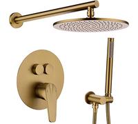 Shower Systems, Brushed Gold Brass 10-12 Inch Wall Mounted Round Rainfall and Handheld Shower Head Set with Push Button Diverter, Luxury Shower Set,12 Inch