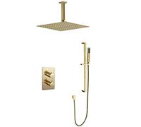 Shower Systems, Ceiling Mounted Thermostatic Brushed Gold Bathroom Rain Mixer Shower Set with 10-12" Square Rainfall Shower Head and Adjustable Height Slide Bar, Luxury Shower Set,12 Inch