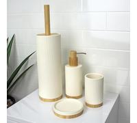Showerdrape Bondi Modern Design 4 Piece Ceramic & Bamboo Bathroom Accessory Set (4 Piece Set)