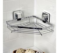 Showerdrape Pushloc Chrome Steel Suction Wall Mounted Corner Basket and Mounting Squares