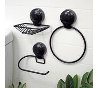 Showerdrape Suctionloc Black 3 Piece Suction Wall Mounted Bathroom Accessory Set Showerdrape Black