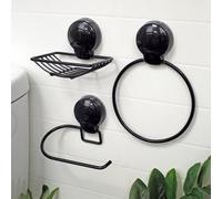 Showerdrape Suctionloc Black Steel 3 Piece Suction Wall Mounted Bathroom Accessory Set