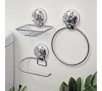 Showerdrape Suctionloc Chrome Steel 3 Piece Suction Wall Mounted Bathroom Accessory Set