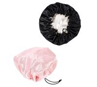 SHOWERORO 2PCS Adjustable Satin Sleeping Caps for, Double-Layer Breathable Hair Protector Night Sleep Bonnets, Elastic Bathing Hats for Boys and (Pink Black)