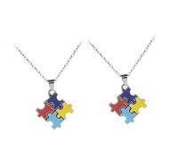 SHOWERORO 2PCS Autism Awareness Puzzle Necklace with 4-Color Puzzle Pieces, Creative Sensory Jewelry for Autism Support and Party Accessories