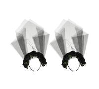 SHOWERORO 2Pcs Black Rose Flower Veil Headband Halloween Mesh Veil with Floral Decoration, Gothic Bride Headpiece for Halloween Parties, Weddings, and Day of the Dead Costumes