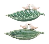 SHOWERORO 2Pcs Ceramic Birdbath Bowl: Outdoor Ceramic Water Food Feeder Leaf Shape, Wildlife Water Bowl Dish for Garden, Hummingbird Birdbath Basin