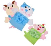 SHOWERORO 3pcs Cartoon Animal Bath Gloves for Soft Foaming Body Scrubbing Mitts Gentle Exfoliating Bath Sponge with Blue Cat Pink Calf Green Designs