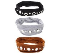 SHOWERORO 3pcs Stretchy Fabric Headbands for Women, Hollow out Elastic Polyester Hair Bands, Punk-inspired Rock Festival Accessories, Soft Eyelet Headband Set in Light Grey, Black, Brown
