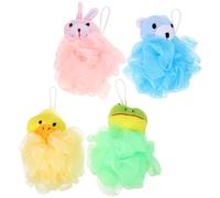SHOWERORO 4Pcs Cartoon Animal Soft Bath Loofahs Set for, Foaming Body Scrubber with Duck, Rabbit, Frog, and Bear Designs, Gentle Exfoliating Shower Balls for ’ Bathtime
