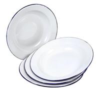 SHOWERORO 4pcs White Enamel Plates with Rim 22cm, Retro Round Enamelware Serving Trays for Fruit, Salad, and Snacks, Sturdy Camping and Home Dining Dishes