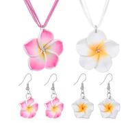 SHOWERORO 6pcs Hawaiian Plumeria Flower Jewelry Set, Polymer Clay White and Pink Necklace 2pcs with Earrings 2 Pairs, Luau Party Accessories for Women